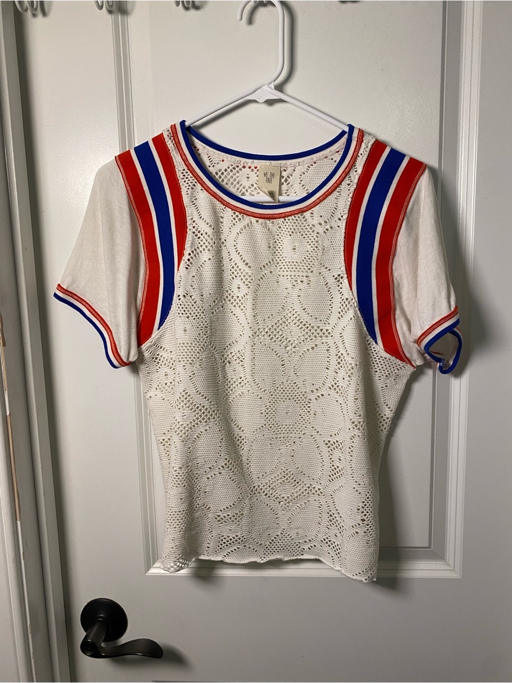 We The Free White Crochet Short Sleeve Top with Red & Blue Stripes
